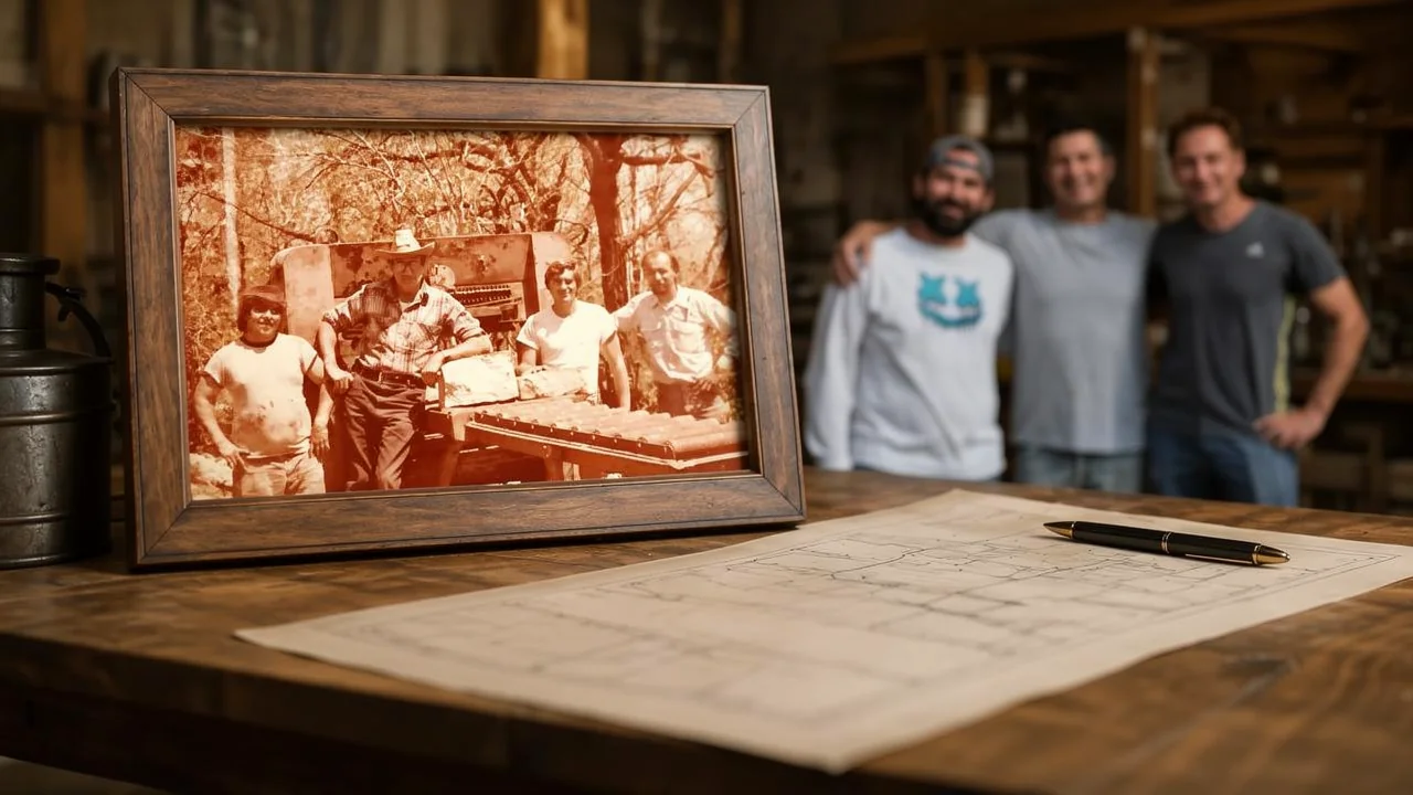 A framed vintage photograph of Pyle Bros.' founding stoneworkers beside the three present-day owners — three generations of the family stone-masonry business.
