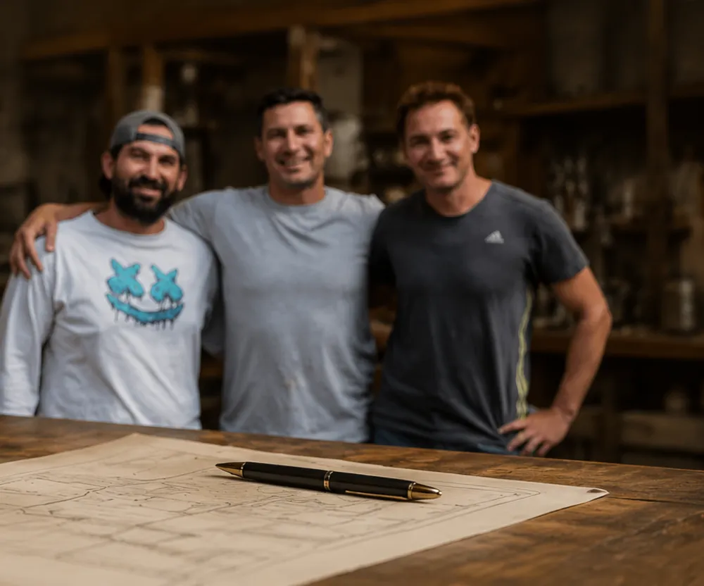 Pyle Bros. co-owners Kenton, Kevin, and Shane at the workbench.